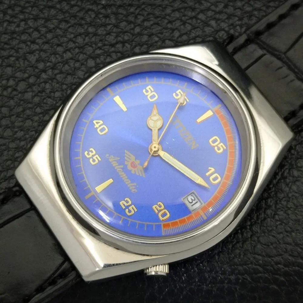 Vintage 1986 Citizen Automatic Mens Silver Watch W/daydate & Blue accents